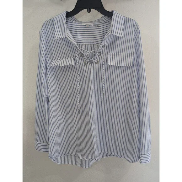 Calvin Klein Blue & White Striped Lace-Up Blouse - XL - Picture 3 of 5